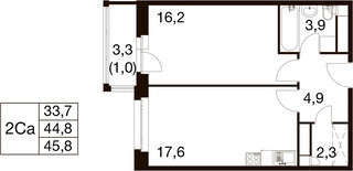 Планировка однокомнатной(квартира) площадью 44.1 квадратных метров в “ЖК Идеал”