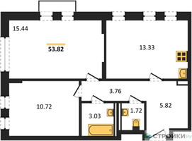 Планировка двухкомнатной(квартира) площадью 53.82 квадратных метров в “ЖК Рублевский Квартал”
