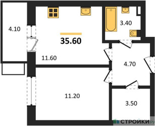 Планировка однокомнатной(квартира) площадью 35.6 квадратных метров в ЖК “ЖК Союзный”