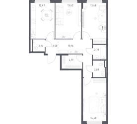 Планировка трехкомнатной(квартира) площадью 78.59 квадратных метров в ЖК “ЖК Мытищи Парк”
