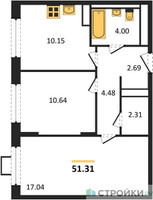Планировка двухкомнатной(квартира) площадью 51.31 квадратных метров в “ЖК Прибрежный Парк”