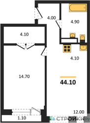 Планировка однокомнатной(квартира) площадью 44.1 квадратных метров в ЖК “ЖК Новая Щербинка”