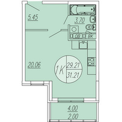 Планировка студии(квартира) площадью 31.21 квадратных метров в ЖК “ЖК Шолохово”