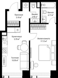 Планировка однокомнатной(квартира) площадью 44.76 квадратных метров в ЖК “ЖК Веер”