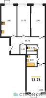 Планировка трехкомнатной(квартира) площадью 73.73 квадратных метров в “ЖК Новотомилино”
