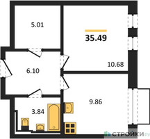 Планировка однокомнатной(квартира) площадью 35.49 квадратных метров в “ЖК Рублевский Квартал”
