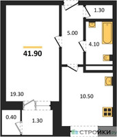 Планировка однокомнатной(квартира) площадью 41.9 квадратных метров в “ЖК Три квартала”