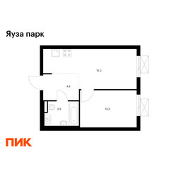 Планировка однокомнатной(квартира) площадью 34 квадратных метров в ЖК “ЖК Яуза Парк (Мытищи)”