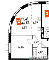 Планировка однокомнатной(апартаменты) площадью 44.32 квадратных метров в “ЖК Движение. Говорово”