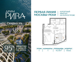 Планировка однокомнатной(квартира) площадью 42.8 квадратных метров в ЖК “ЖК Дрим Рива”