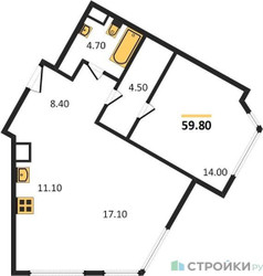 Планировка однокомнатной(квартира) площадью 59.8 квадратных метров в ЖК “ЖК Архитектор”