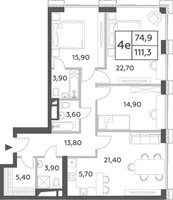 Планировка 4+ комнатной(квартира) площадью 111.3 квадратных метров в “ЖК Will Towers (Вилл Тауэрс)”