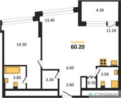 Планировка однокомнатной(квартира) площадью 60.2 квадратных метров в “ЖК ROTTERDAM (Роттердам)”