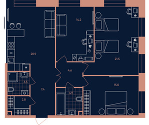 Планировка 4+ комнатной(квартира) площадью 95 квадратных метров в ЖК “Квартал Эра”
