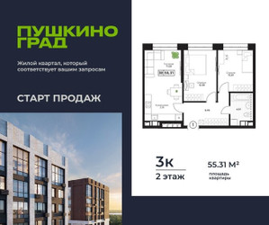 Планировка трехкомнатной(квартира) площадью 55.31 квадратных метров в ЖК “ЖК Пушкино Град”