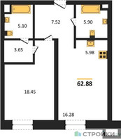 Планировка однокомнатной(апартаменты) площадью 62.88 квадратных метров в “ЖК N’ICE LOFT (Найс Лофт)”
