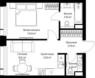 Планировка однокомнатной(квартира) площадью 39.84 квадратных метров в ЖК “ЖК Веер”