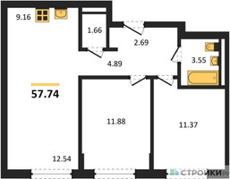 Планировка двухкомнатной(квартира) площадью 57.74 квадратных метров в “ЖК Рублевский Квартал”