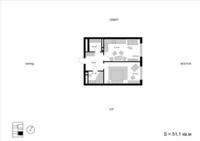 Планировка двухкомнатной(квартира) площадью 51.1 квадратных метров в “ЖК Мытищи Сити”