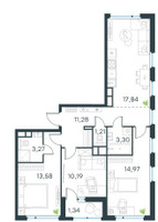 Планировка трехкомнатной(квартира) площадью 76.98 квадратных метров в “ЖК Level Лесной”