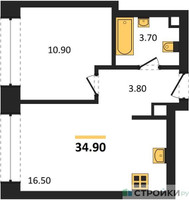 Планировка однокомнатной(квартира) площадью 34.9 квадратных метров в “ЖК Архитектурный проект RAKURS (Ракурс)”