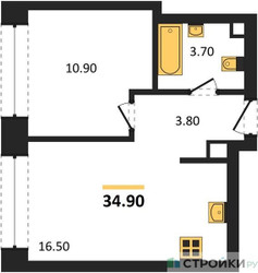 Планировка однокомнатной(квартира) площадью 34.9 квадратных метров в ЖК “ЖК Архитектурный проект RAKURS (Ракурс)”