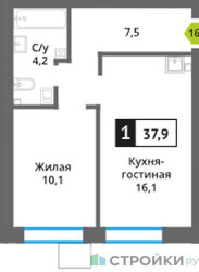 Планировка однокомнатной(квартира) площадью 37.9 квадратных метров в ЖК “ЖК Никольский квартал Отрада”