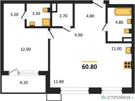 Планировка однокомнатной(квартира) площадью 60.8 квадратных метров в “ЖК Дзен-кварталы”