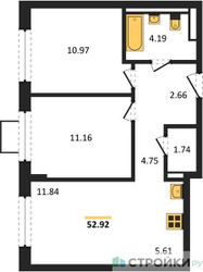 Планировка двухкомнатной(квартира) площадью 52.92 квадратных метров в ЖК “ЖК Квартал Западный”