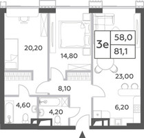 Планировка трехкомнатной(квартира) площадью 81.1 квадратных метров в “ЖК Will Towers (Вилл Тауэрс)”