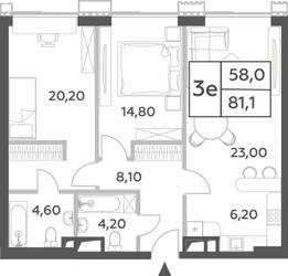 Планировка трехкомнатной(квартира) площадью 81.1 квадратных метров в ЖК “ЖК Will Towers (Вилл Тауэрс)”