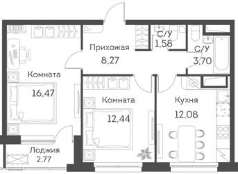 Планировка двухкомнатной (квартира) площадью 55.93 квадратных метров в ЖК “Аквилон Beside”