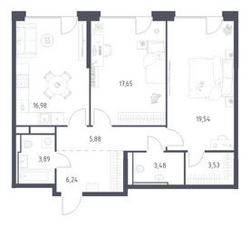 Планировка двухкомнатной(квартира) площадью 77.19 квадратных метров в ЖК “ЖК Квартал на воде (Графика на воде)”