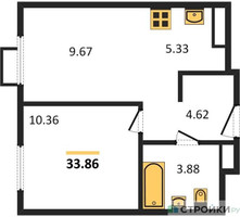 Планировка однокомнатной(квартира) площадью 33.86 квадратных метров в “ЖК Пятницкие луга”