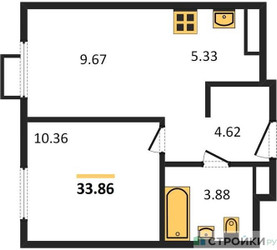 Планировка однокомнатной(квартира) площадью 33.86 квадратных метров в ЖК “ЖК Пятницкие луга”