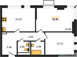 Планировка двухкомнатной(квартира) площадью 53.81 квадратных метров в “ЖК Пригород Лесное”