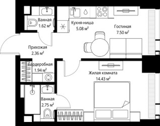 Планировка однокомнатной(квартира) площадью 35.68 квадратных метров в ЖК “ЖК Веер”
