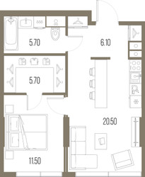 Планировка однокомнатной(квартира) площадью 49.5 квадратных метров в ЖК “ЖК Северный порт. Береговые кварталы”