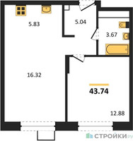 Планировка однокомнатной(квартира) площадью 44.1 квадратных метров в “ЖК Новоград Павлино”