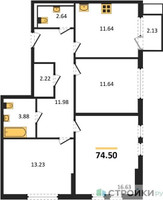 Планировка трехкомнатной(квартира) площадью 74.5 квадратных метров в “ЖК Остафьево”
