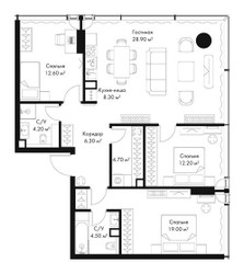 Планировка трехкомнатной(квартира) площадью 100.7 квадратных метров в ЖК “ЖК Слава”