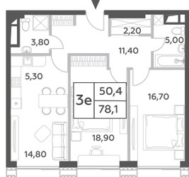 Планировка трехкомнатной(квартира) площадью 78.1 квадратных метров в ЖК “ЖК Will Towers (Вилл Тауэрс)”