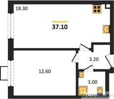 Планировка однокомнатной(квартира) площадью 37.1 квадратных метров в “ЖК Лучи-2”