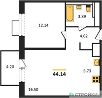 Планировка однокомнатной(квартира) площадью 44.14 квадратных метров в “ЖК Алхимово”
