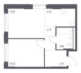 Планировка однокомнатной(квартира) площадью 39.2 квадратных метров в ЖК “ЖК Квартал Западный”