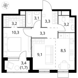 Планировка двухкомнатной(квартира) площадью 45.7 квадратных метров в ЖК “ЖК 1-й Химкинский (Первый Химкинский)”