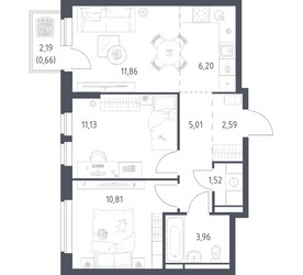 Планировка двухкомнатной(квартира) площадью 53.74 квадратных метров в ЖК “ЖК Новое Видное”