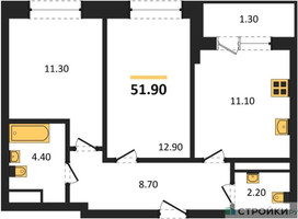 Планировка двухкомнатной(квартира) площадью 51.9 квадратных метров в “ЖК Пушкино Град”