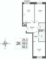 Планировка двухкомнатной(квартира) площадью 58 квадратных метров в “ЖК КИНОКВАРТАЛ”