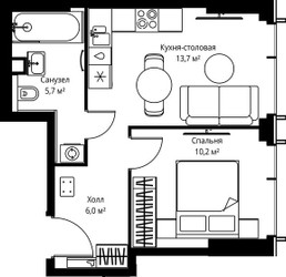 Планировка однокомнатной(квартира) площадью 35.6 квадратных метров в ЖК “ЖК Веер”